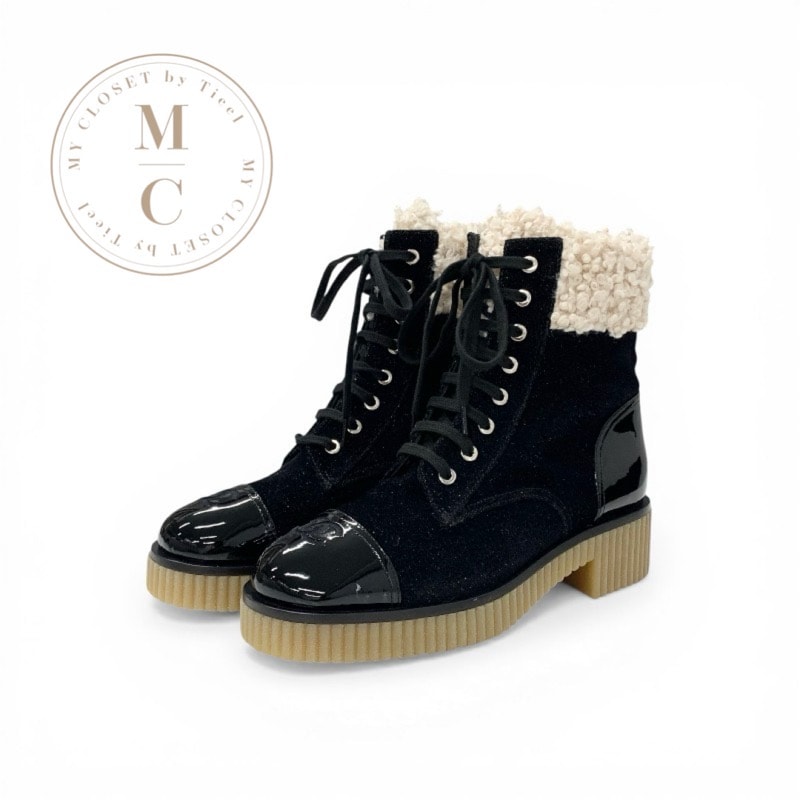シャネル CHANEL ブーツ ショートブーツ 靴 シューズ ファブリック パテント ボア ブラック ベージュ ココマーク