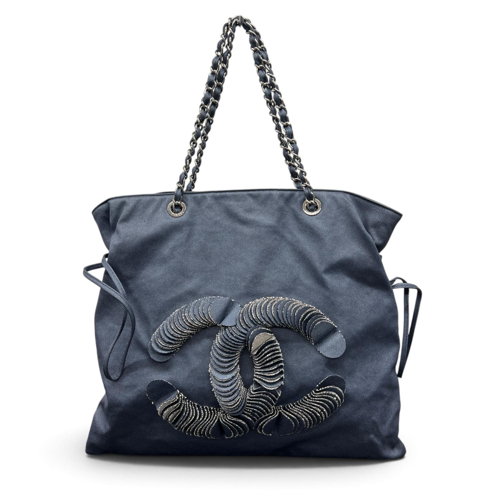 CHANEL 希少 美品 シャネル CCディスク ココマーク チェーントート トートバッグ 12番台シリアル デニム 肩掛け ハンドバッグ シルバー金具 ABランク 鑑定済 中古 シャネルバッグ