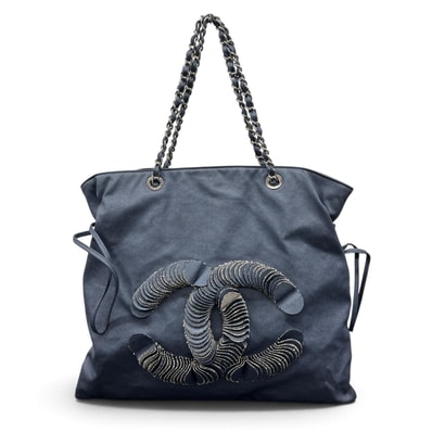 CHANEL 希少 美品 シャネル CCディスク ココマーク チェーントート トートバッグ 12番台シリアル デニム 肩掛け ハンドバッグ シルバー金具 ABランク 鑑定済 中古 シャネルバッグ