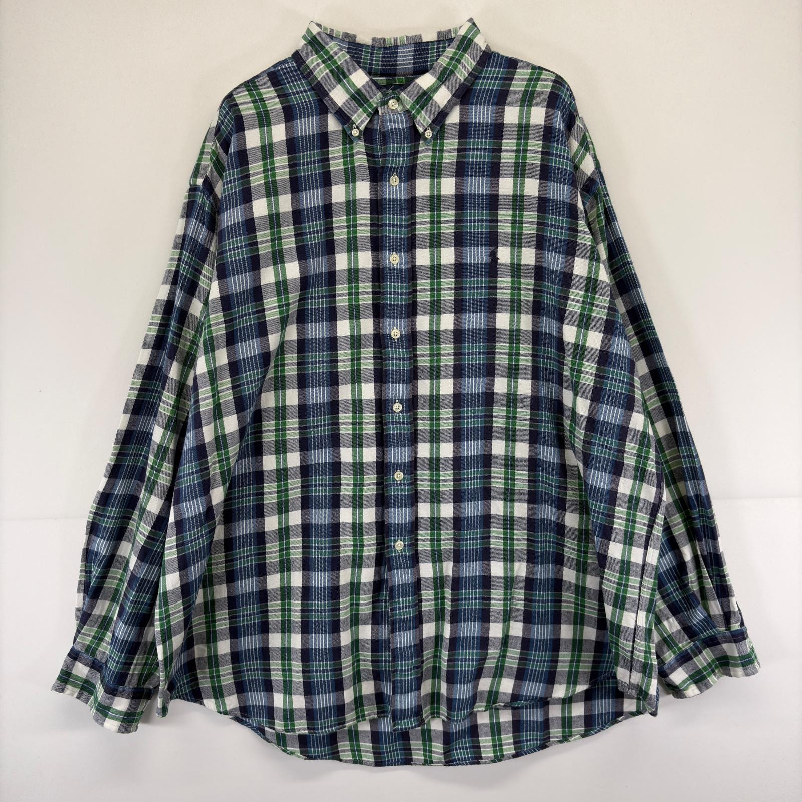 古着 ラルフローレン RALPH LAUREN 長袖シャツ ワンポイント ロゴ ネルシャツ 大きいサイズ 2XL  ブルー チェック メンズ