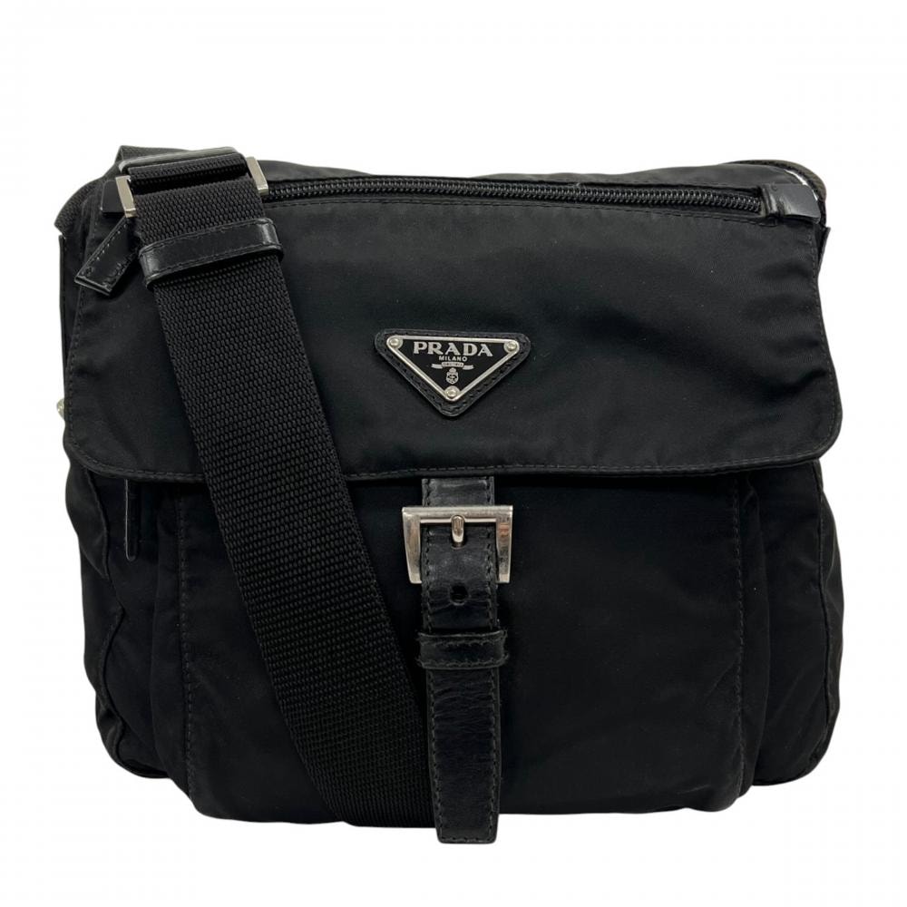 PRADA プラダ ショルダーバッグ テスート 三角ロゴプレート 斜め掛け BT8994 ナイロン  レザー   ブラック 黒 シルバー金具 メンズ【中古品】