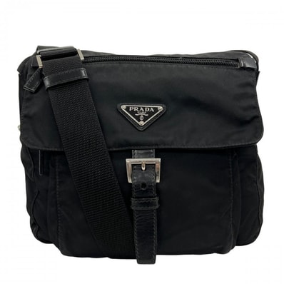 PRADA プラダ ショルダーバッグ テスート 三角ロゴプレート 斜め掛け BT8994 ナイロン レザー ブラック 黒 シルバー金具 メンズ【中古品】