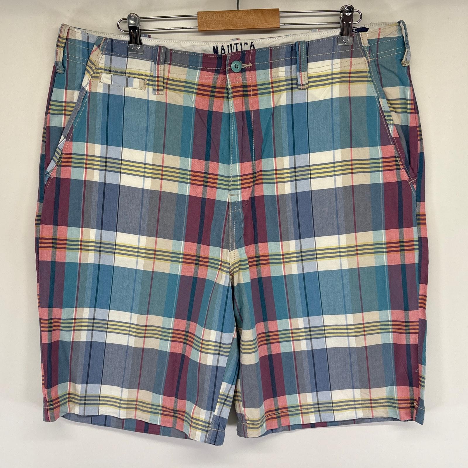 古着 ノーティカ NAUTICA ショートパンツ チェック ハーフ 短パン ワンポイントロゴ 半ズボン w38 ブルー メンズ