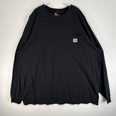 古着 カーハート Carhartt 長袖Tシャツ クルーネック 大きいサイズ 肉厚 胸ポケ ワンポイント ロゴ 2XL ブラック 無地 メンズ