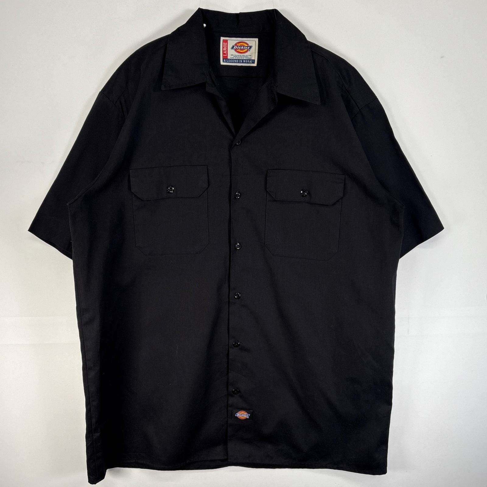 古着 ディッキーズ Dickies 半袖シャツ ワーク フラップポケ 作業着 ワンポイント ロゴ L ブラック 無地 メンズ