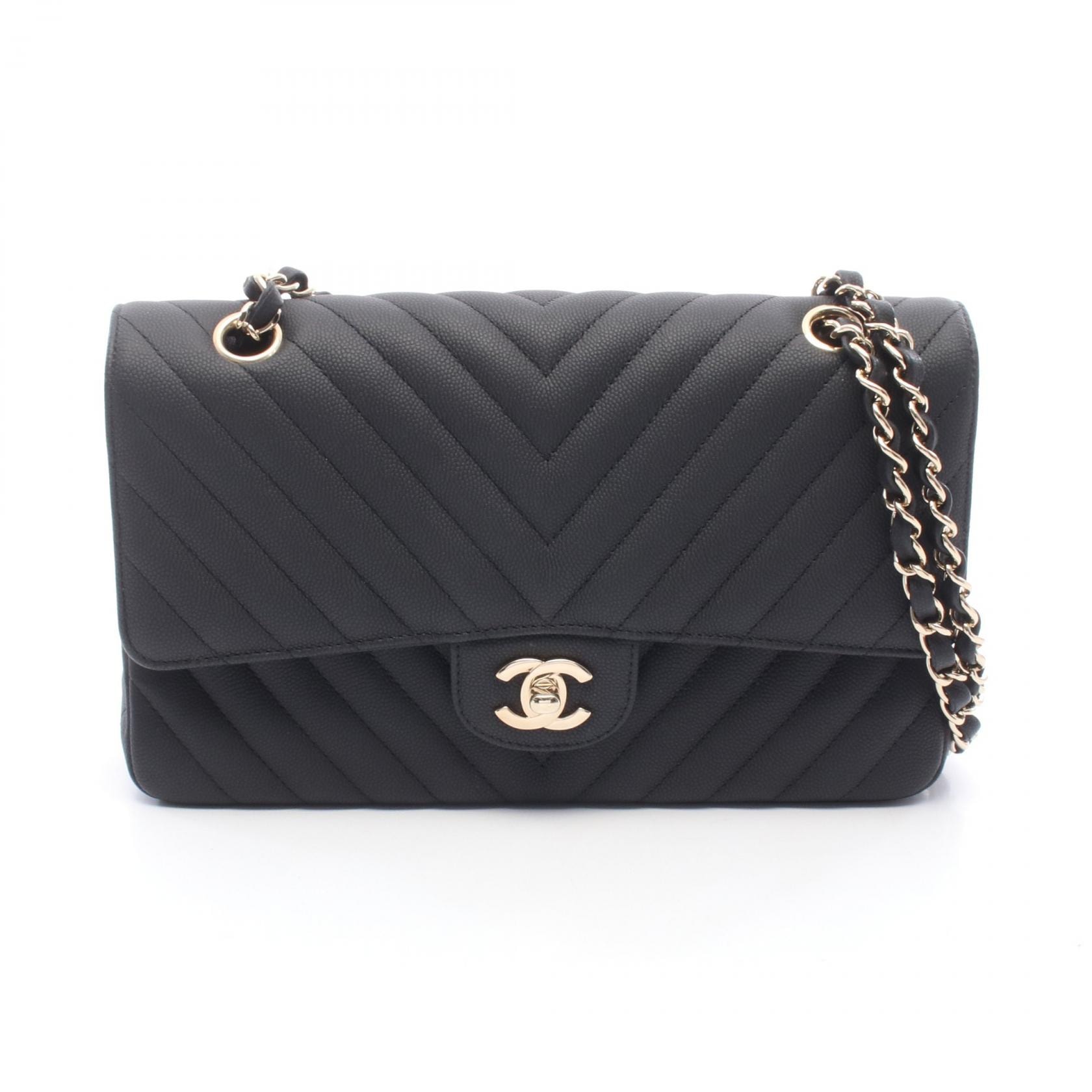 シャネル CHANEL シェブロン Vステッチ Wフラップ ショルダーバッグ バッグ キャビアスキン(グレインドカーフ) レディース ブラック系 【中古】