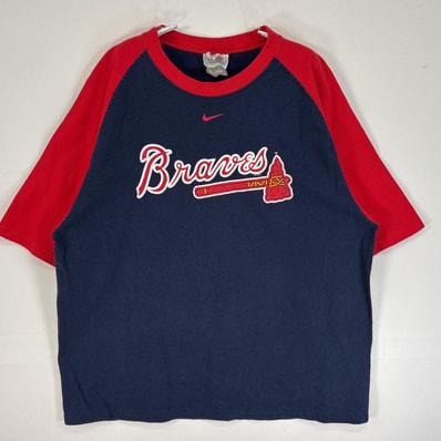 古着 ナイキ NIKE 半袖Tシャツ ロゴ センタースウッシュ ラバープリント MLB アトランタ・ブレーブス ラグラン M ネイビー系 ツートン メンズ