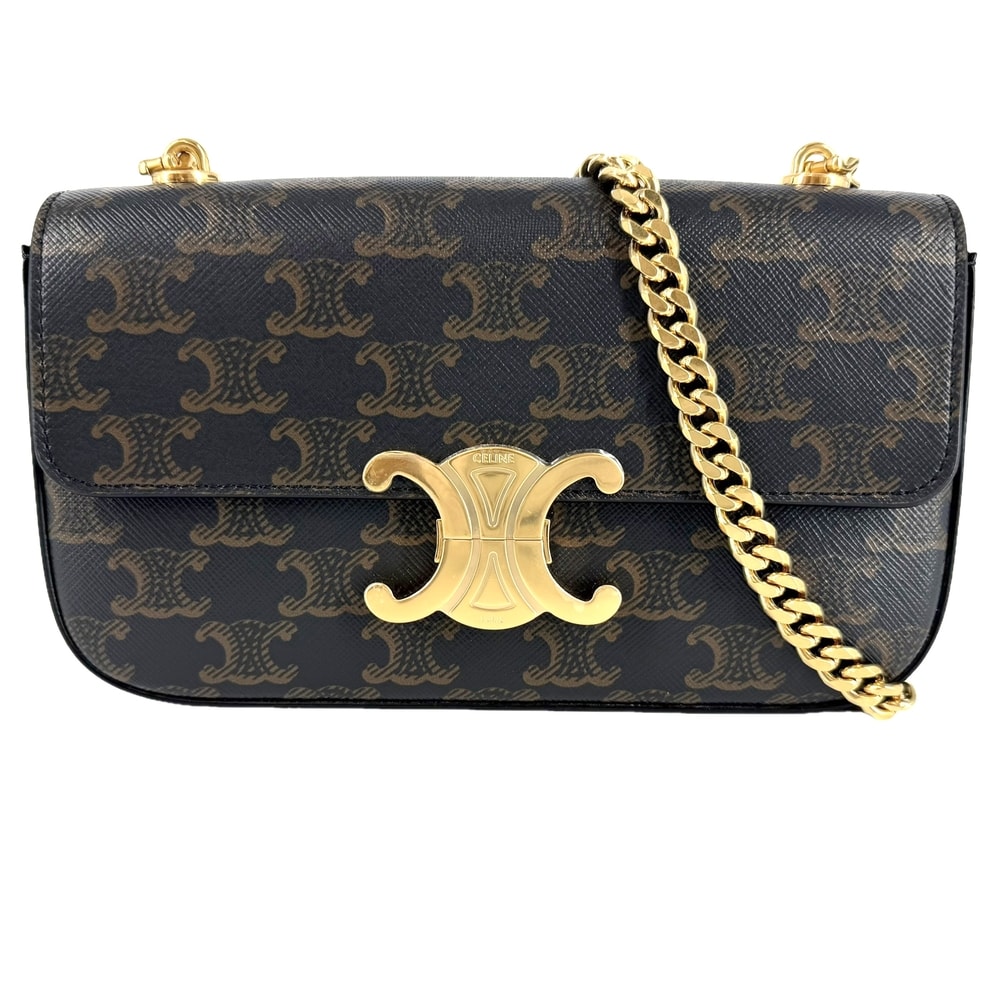 CELINE セリーヌ ショルダーバッグ トリオンフ チェーン 肩掛け PVCコーティングキャンバス ブラウン 茶 ゴールド金具 レディース 美品【中古品】