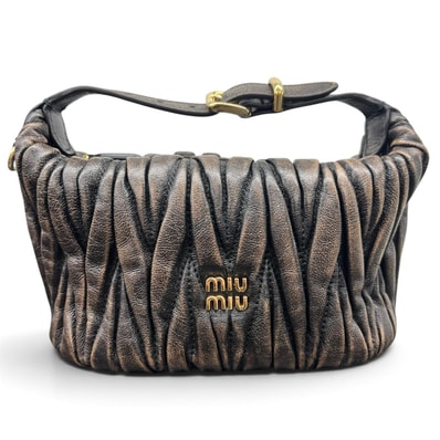 miumiu 極美品 ミュウミュウ マテラッセ ミニバッグ ヴィンテージ加工 2way ハンドバッグ 5BP100 ICチップ確認済 レザー ブラウン カヌレ ポーチ Aランク 中古 鑑定済 ミュウミュウバッグ