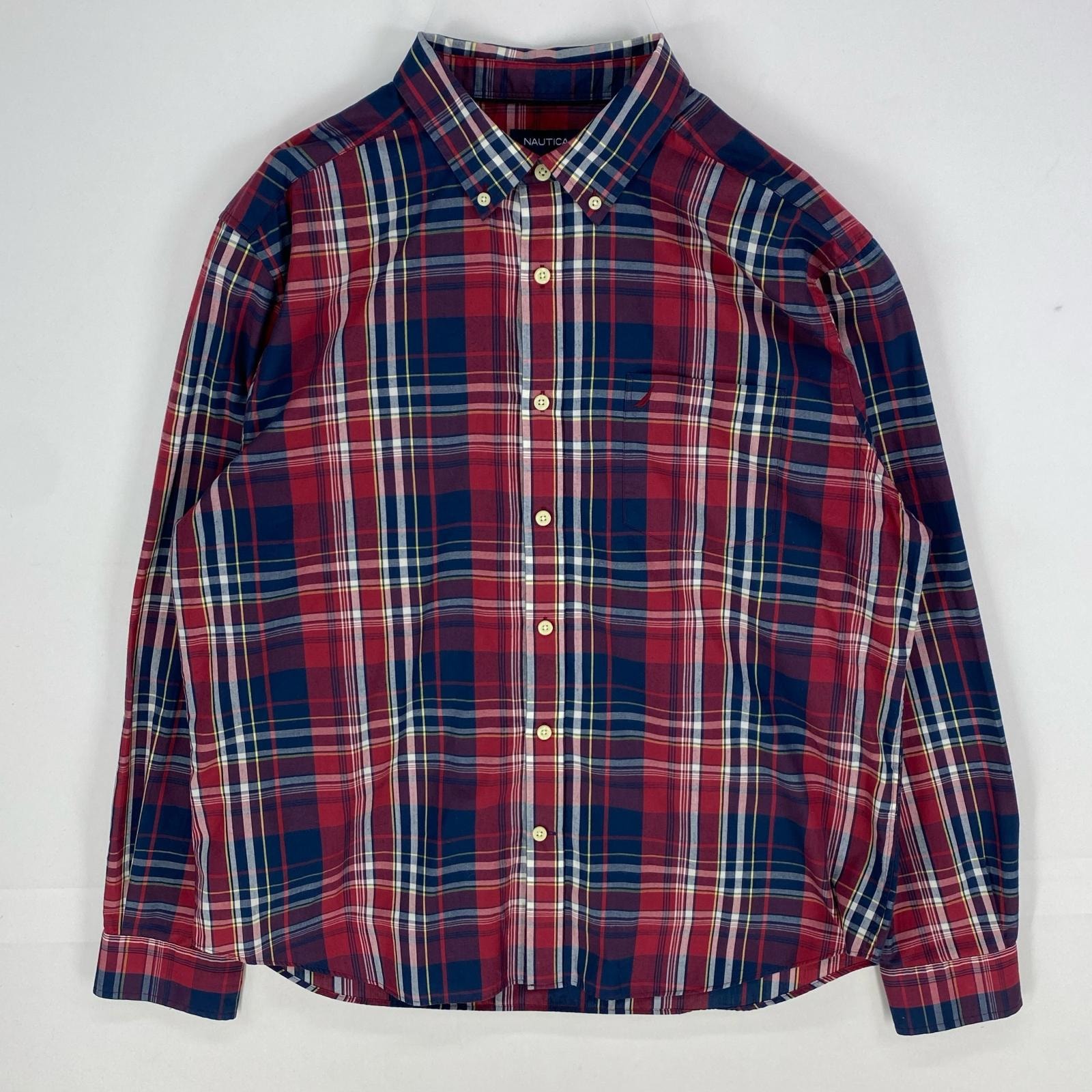 古着 ノーティカ NAUTICA 長袖シャツ ワンポイント 胸ポケット ロングスリーブ ロゴ XL  レッド系 チェック メンズ