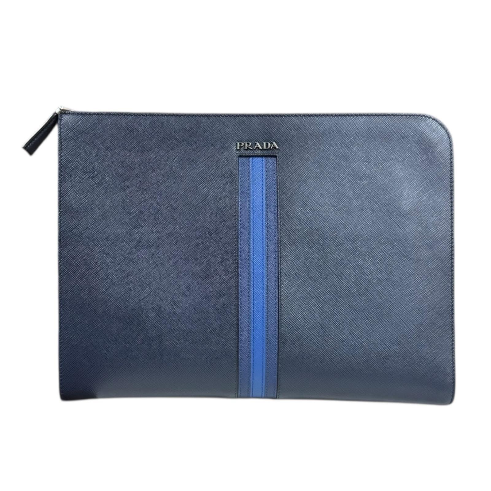プラダ サフィアーノ クラッチバッグ レザー AV5841 ネイビー メンズ PRADA 中古