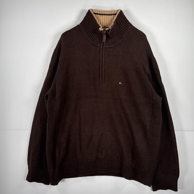 古着 トミーヒルフィガー TOMMY HILFIGER 長袖 セーター ハーフジップ ニット ワンポイント コットン 大きいサイズ 14041 ブラウン 無地 メンズ