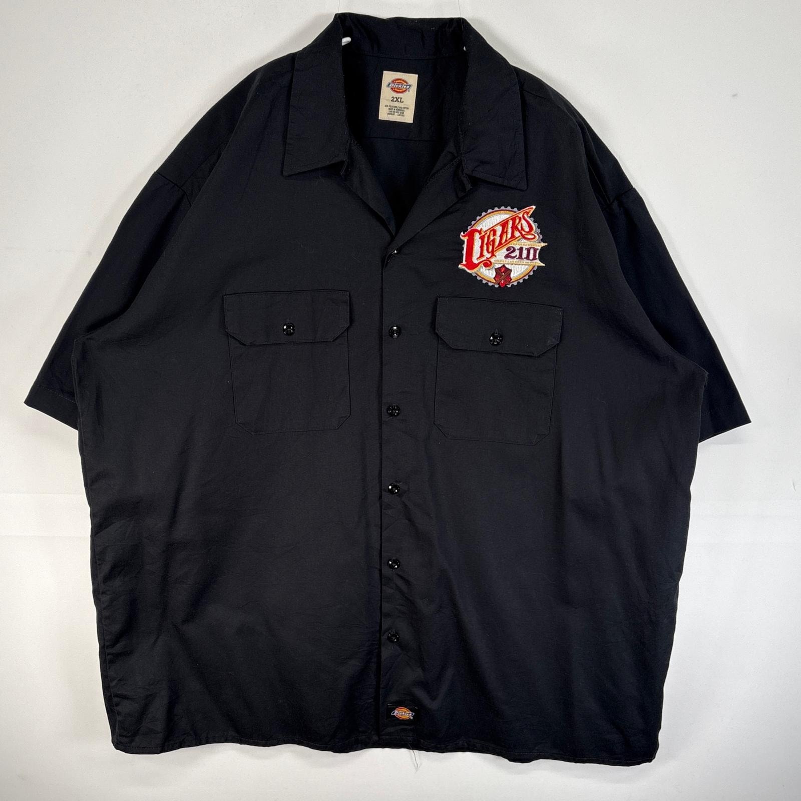 古着 ディッキーズ Dickies 半袖シャツ ワーク 作業着 フラップポケ 大きいサイズ ワッペン ワンポイント ロゴ 2XL ブラック 無地 メンズ
