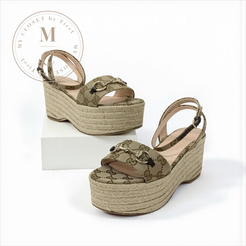 グッチ GUCCI サンダル 靴 シューズ キャンバス ベージュ ブラウン ゴールド プラットフォーム ストラップ GGロゴ ホースビット エスパドリーユ