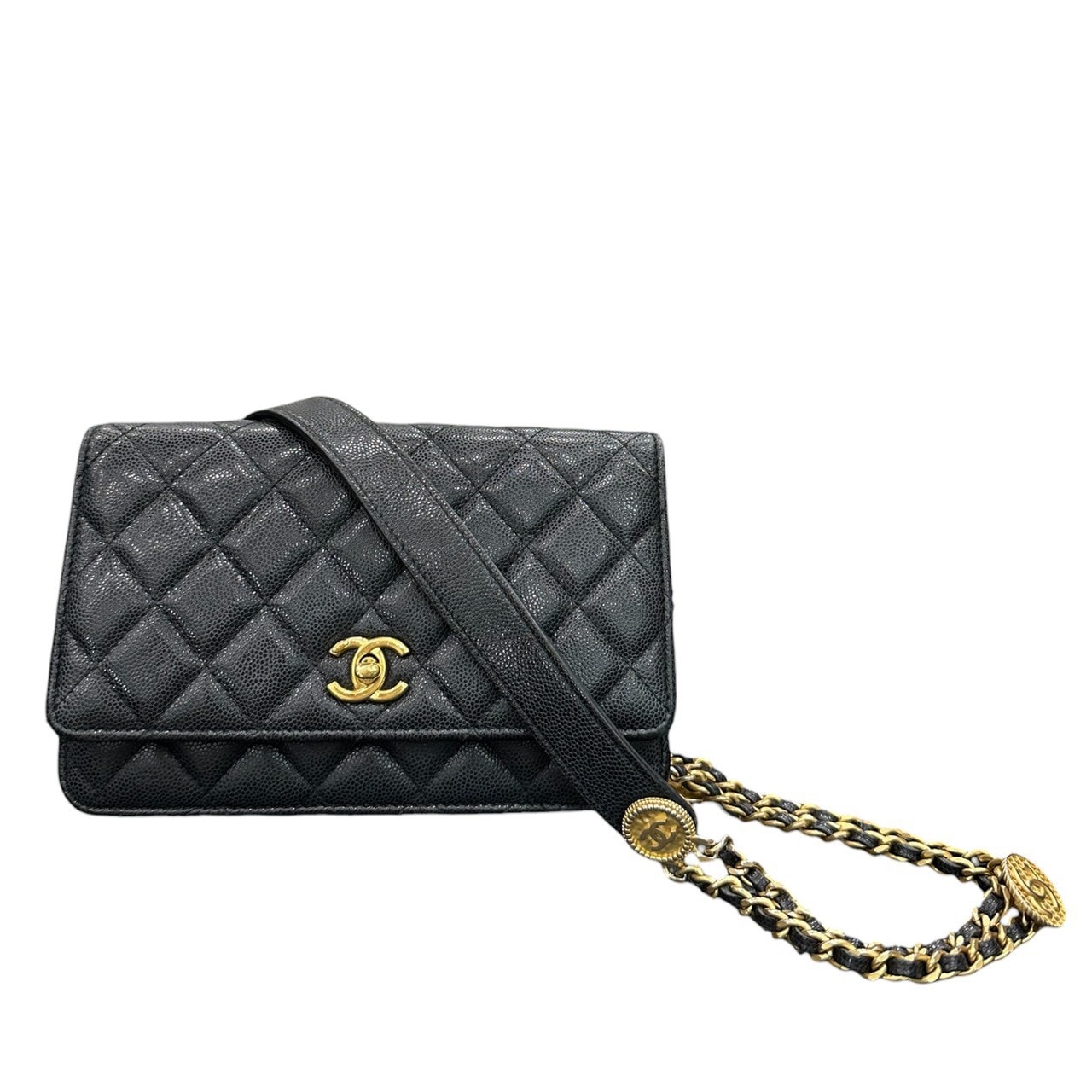 CHANEL シャネル キャビアスキン ブラック ゴールド金具 レザー ショルダーバッグ S1-00253 【中古】