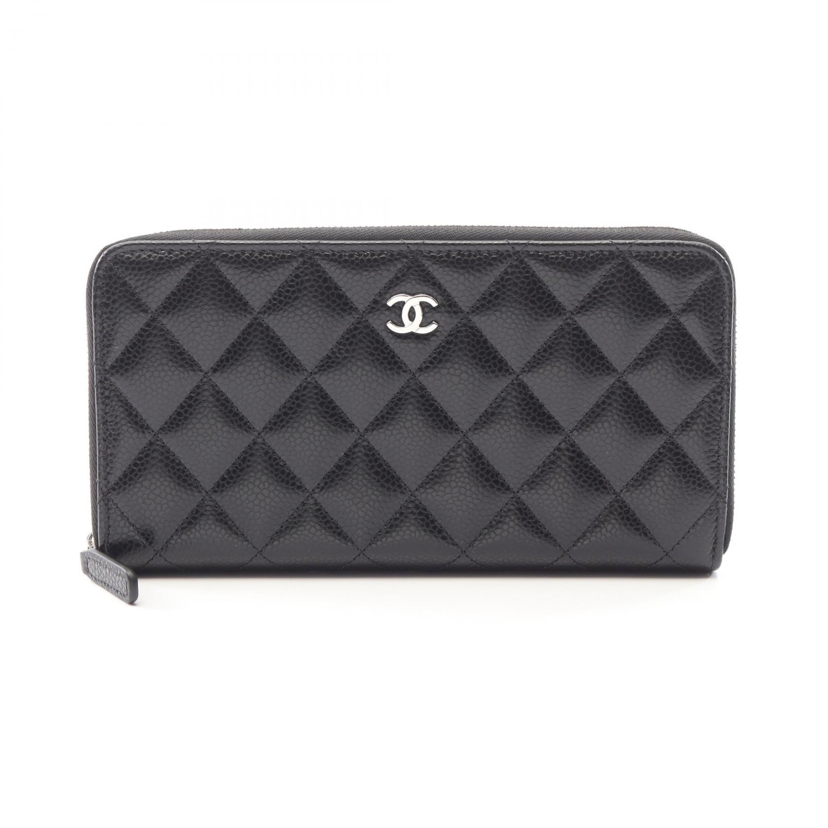 シャネル CHANEL クラシック ロング ジップ ウォレット マトラッセ ラウンド長財布 財布 キャビアスキン(グレインドカーフ) レディース ブラック系 【中古】