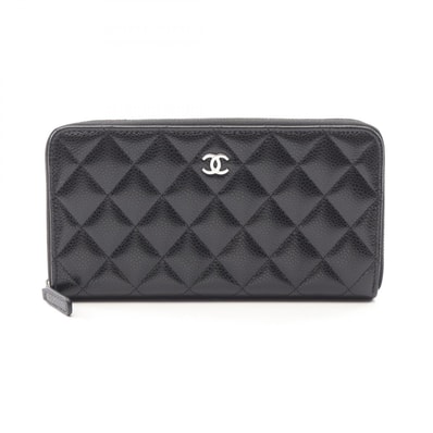 シャネル CHANEL クラシック ロング ジップ ウォレット マトラッセ ラウンド長財布 財布 キャビアスキン(グレインドカーフ) レディース ブラック系 【中古】