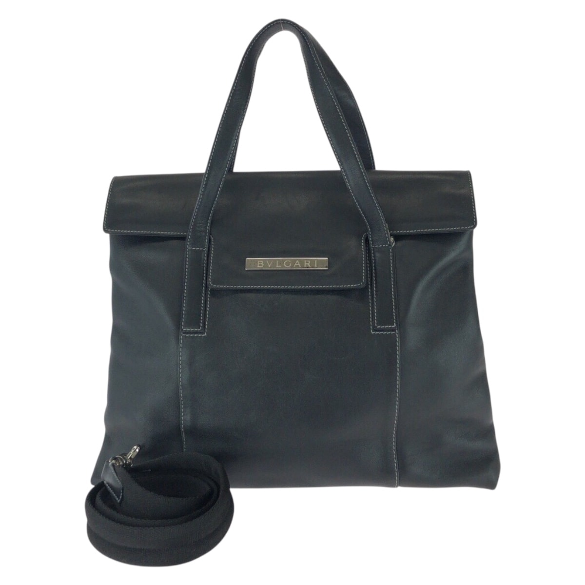 BVLGARI ブルガリ ヴィンテージ 2way ブラック 黒 シルバー金具 レザー トートバッグ ショルダーバッグ 603951 【中古】