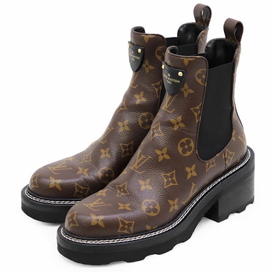 【美品】LOUIS VUITTON ルイ・ヴィトン サイドゴアブーツ サイズ 38 1/2 レディース ボブールライン 2021年製 モノグラム アンクルシューズ 靴 ブラウン 茶色 イタリア製
