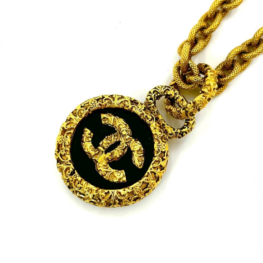 CHANEL シャネル ネックレス ココマーク ココ 溶岩 マグマ ロングネックレス ゴールド GP 93A ブラック 黒 レディース 約123.5g 2003年【中古品】