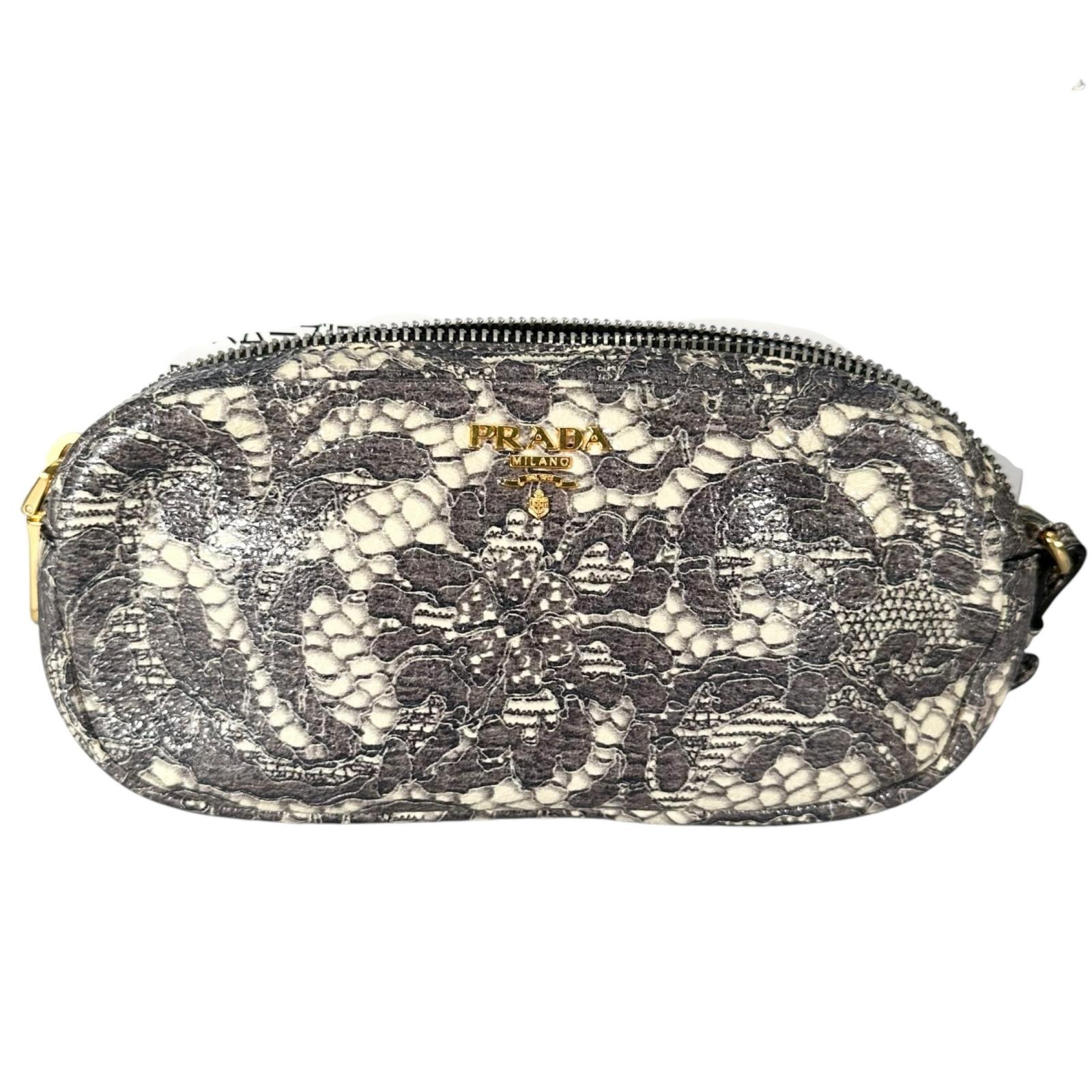 美品 PRADA プラダ ポーチ ナイロン グレー レディース ボタニカル柄【中古】