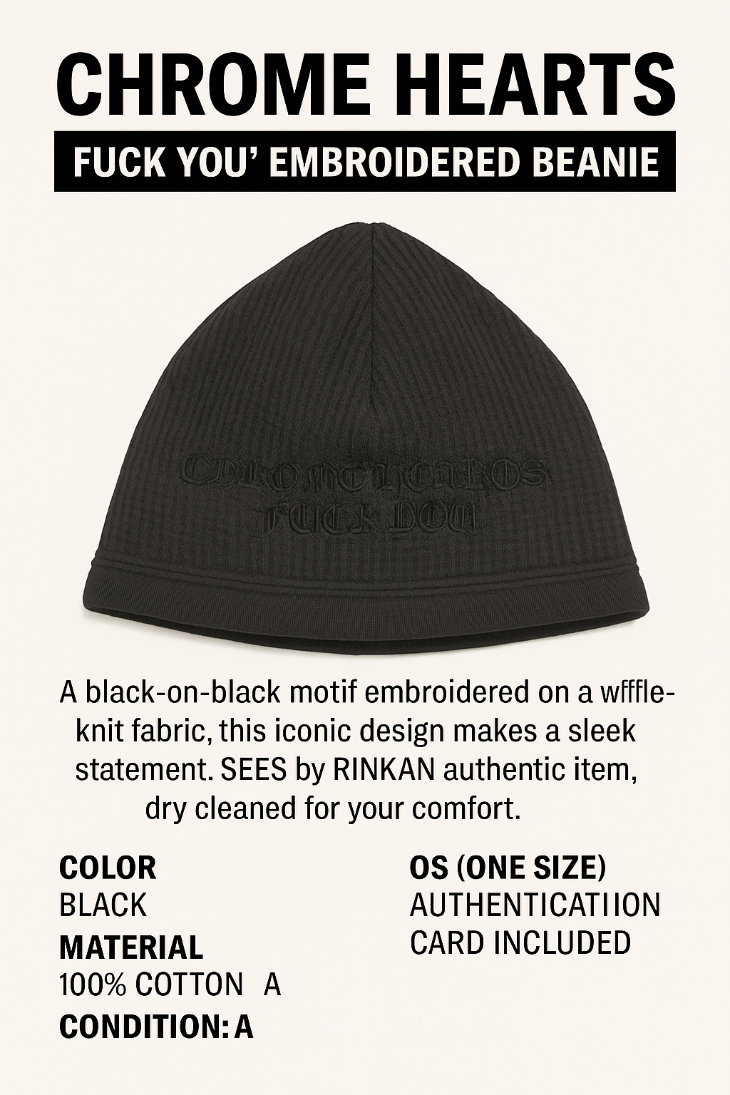 CHROME HEARTS FUCK YOU 刺繍ビーニー 黒 鑑定付