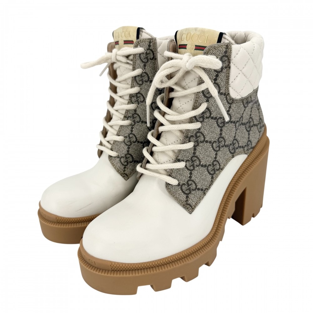 GUCCI グッチ ブーツ アンクルブーツ ショートブーツ 厚底 キルティング 36 1/2 約23.5cm 靴 シューズ 659691 GGスプリームキャンバス ラバー レザー ホワイト 白 ブラウン 茶 レディース【中古品】