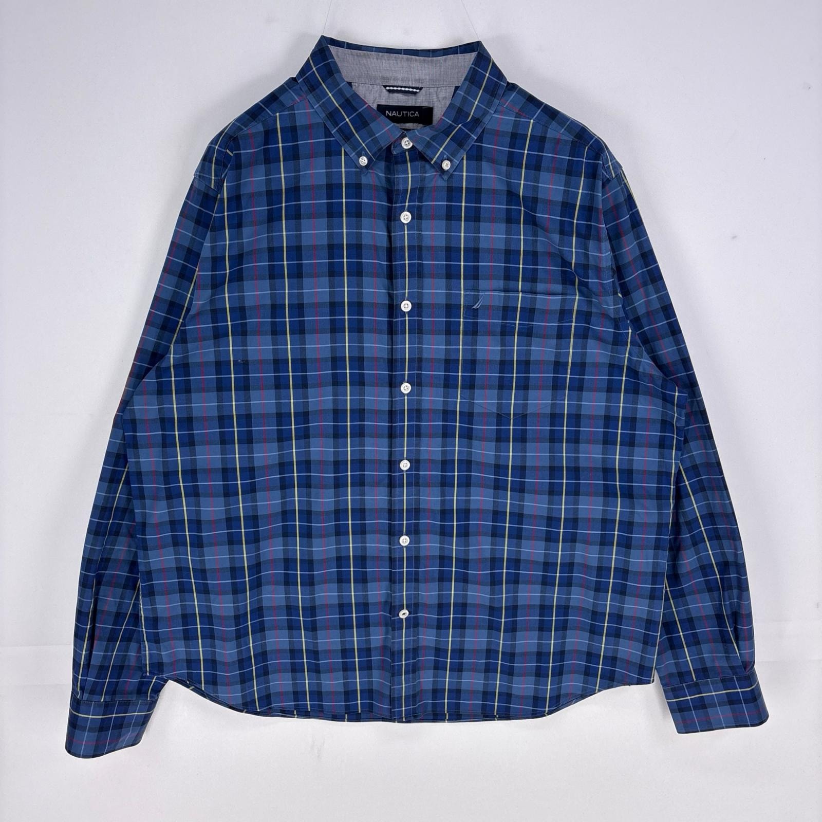 古着 ノーティカ NAUTICA 長袖シャツ ボタンダウン 胸ポケット ロングスリーブ ワンポイントロゴ XL ブルー系 チェック メンズ