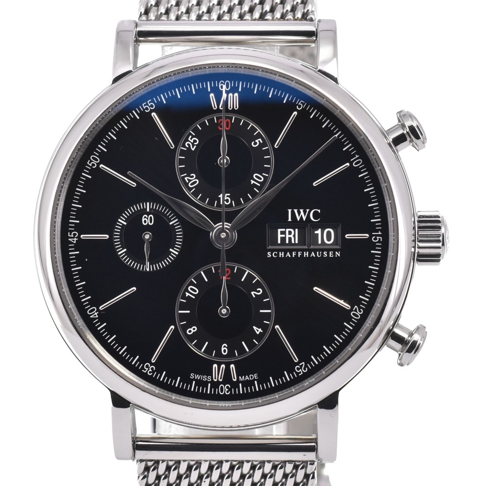 値下 IWC SCHAFFHAUSEN IW391006 ポートフィノ クロノグラフ デイデイト ブラック 自動巻き メンズ 美品 箱付き 腕時計 D#147052