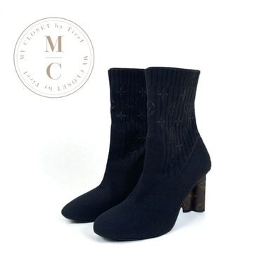 ルイヴィトン LOUIS VUITTON シルエットライン モノグラム ブーツ ショートブーツ 靴 シューズ ファブリック ブラック ブラウン 黒 アンクルブーツ ソックスブーツ ニット