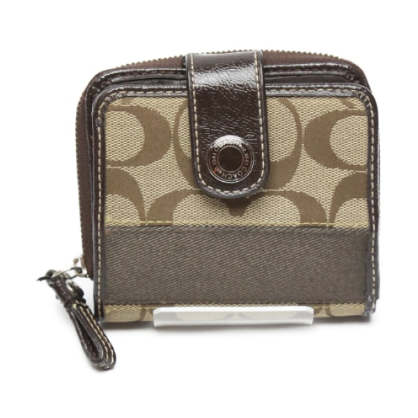 コーチ COACH キャンバス×パテント ラウンドファスナー シグネチャー 二つ折り財布