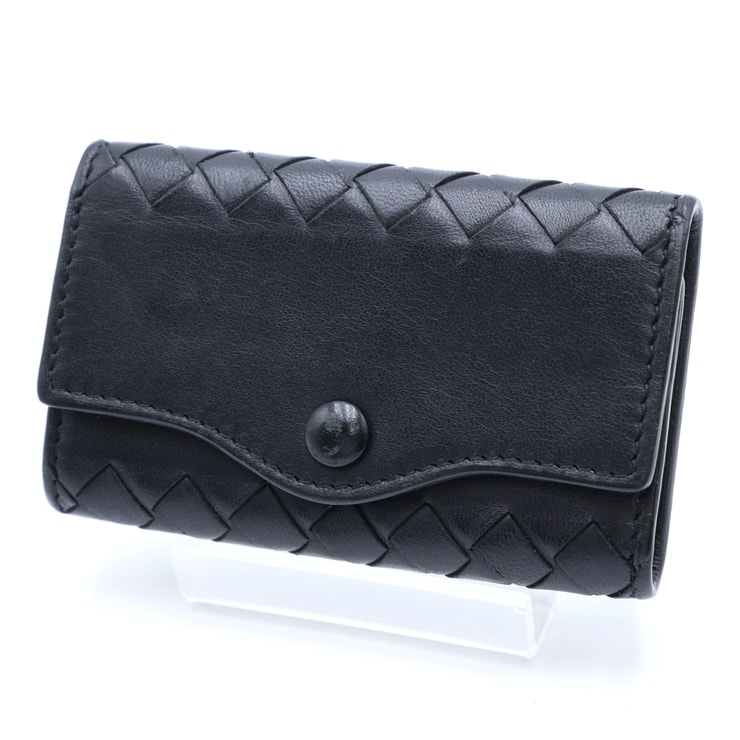 BOTTEGA VENETA(ボッテガ・ヴェネタ)イントレチャート キーケース 5連キーリング ブラック レザー ゴールド金具 メンズ レディース【中古】