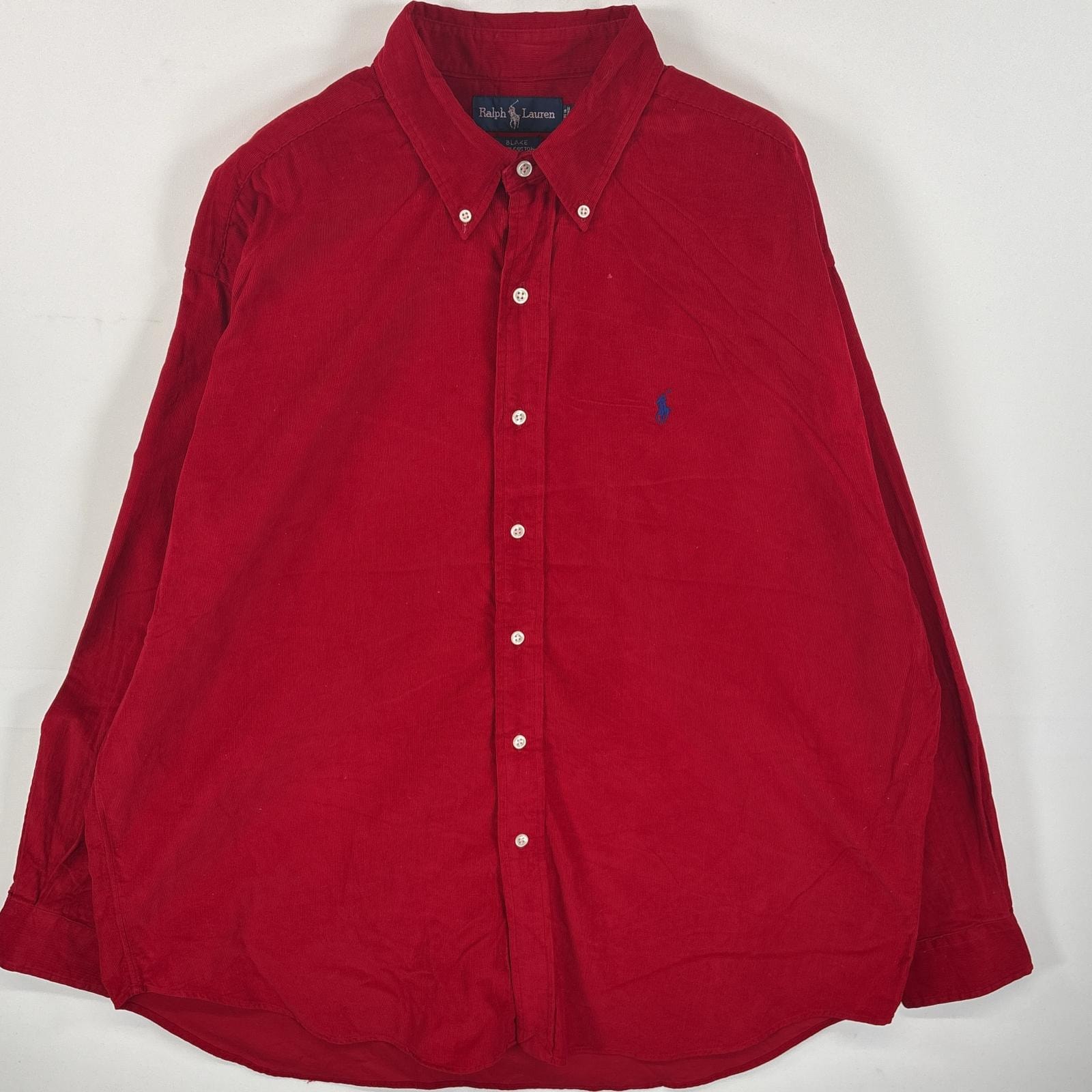 古着 ラルフローレン RALPH LAUREN コーデュロイ 長袖シャツ ボタンダウンシャツ ワンポイント ロゴ 刺繍 XL  レッド 無地 メンズ