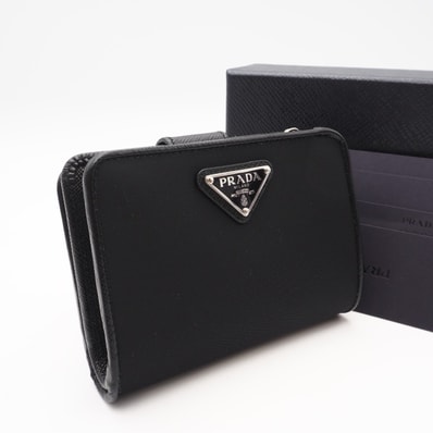 未使用 PRADA プラダ テスート レザー コンパクトウォレット 1ML018 二つ折り財布 ブラック ホワイト ナイロン サフィアーノ メンズ
