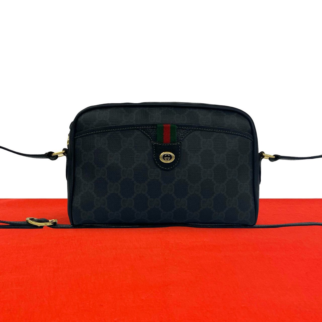 GUCCI グッチ シェリーライン GG ロゴ 柄 レザー PVC ショルダーバッグ ブラック
 23659