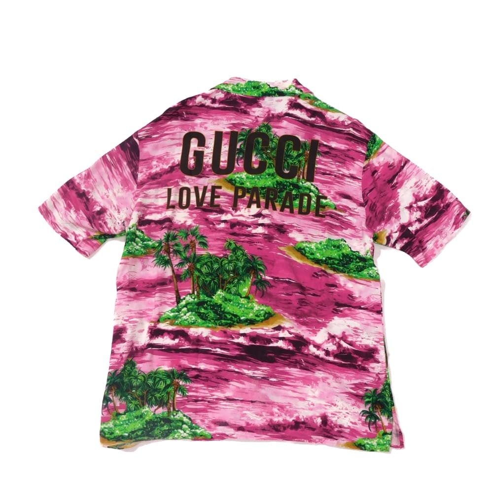 GUCCI グッチ アイランド プリント ボーリング シャツ 22SS ラブ パレード アロハ ボタニカル 44 ロゴ レーヨン ピンク 半袖シャツ 694124 ZAJSU 5953