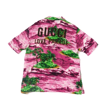GUCCI グッチ アイランド プリント ボーリング シャツ 22SS ラブ パレード アロハ ボタニカル 44 ロゴ レーヨン ピンク 半袖シャツ 694124 ZAJSU 5953