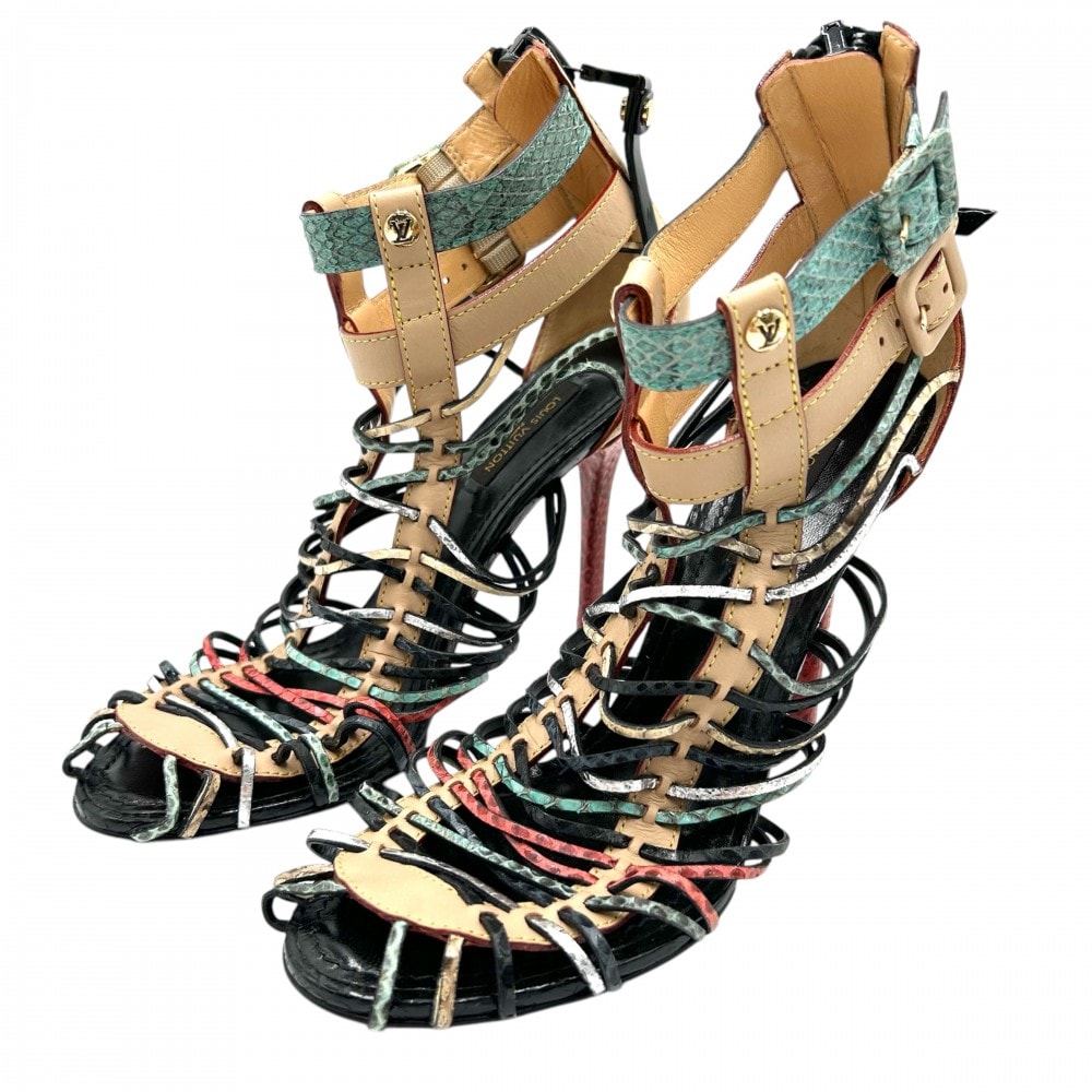 LOUIS VUITTON ルイヴィトン サンダル グラディエーターサンダル ハイヒール 37サイズ 靴 レザー パイソンレザー ベージュ ブラック 黒 ゴールド金具 レディース 春 夏 美品【中古品】