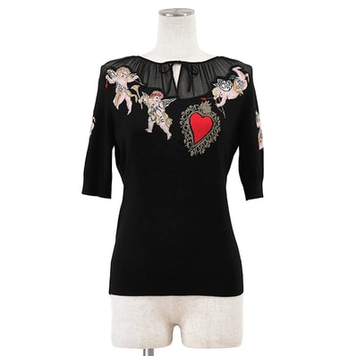 DOLCE&GABBANA ドルチェアンドガッバーナ 半袖 ニット サイズ 36 レディース ハート エンジェル 天使 シアー コンビネーション トップス ブラック 黒 イタリア製