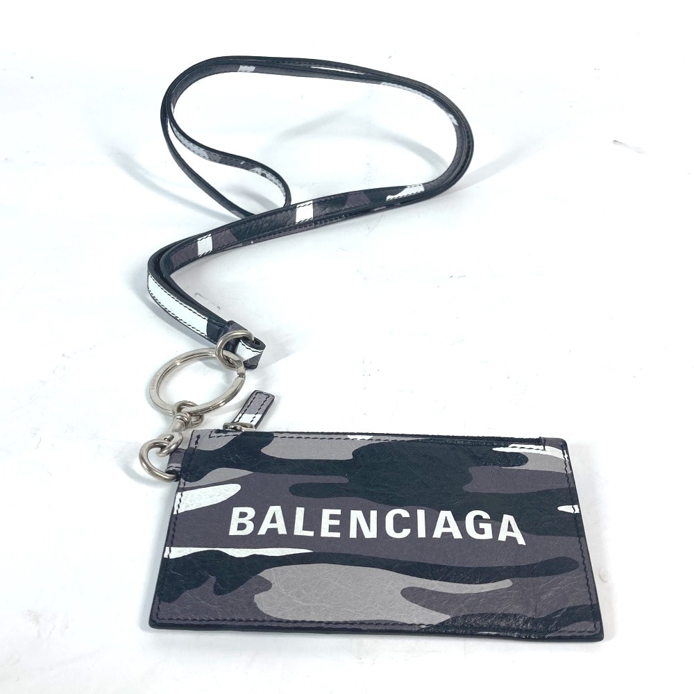 バレンシアガ BALENCIAGA カモフラージュ 迷彩 ロゴ 594548 ネックストラップ付き 財布 カードケース カードホルダー フラグメントケース コインケース レザー ブラック×シルバー 美品