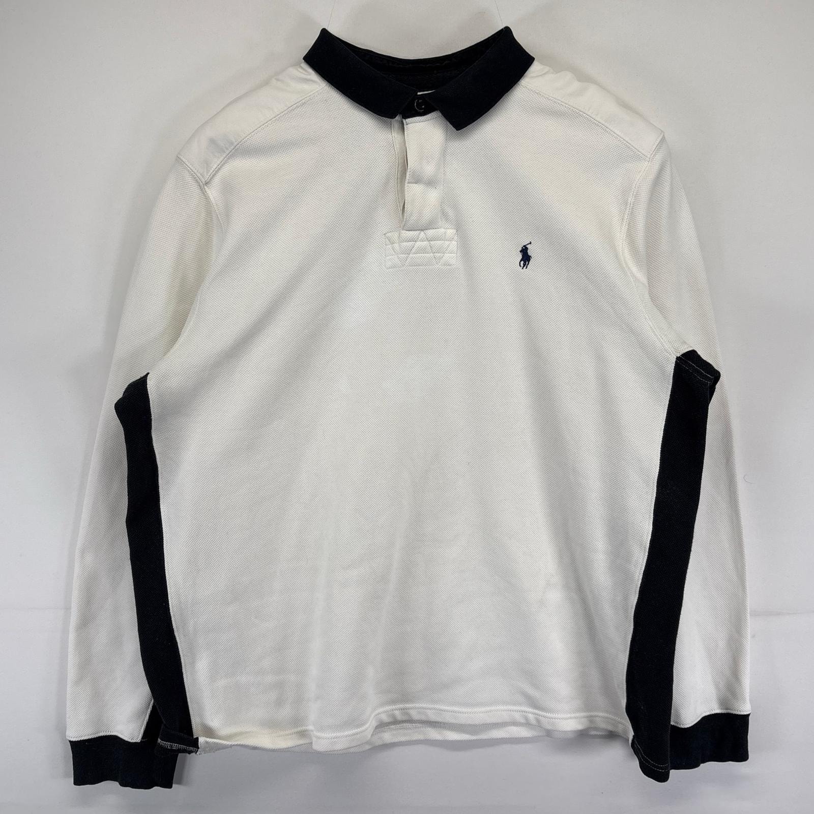 古着 ポロバイラルフローレン Polo by Ralph Lauren 長袖 ポロシャツ 大きいサイズ ツートン 厚手ワンポイントロゴ 2XL  ホワイト メンズ