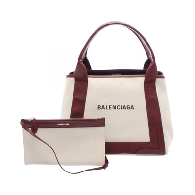 バレンシアガ BALENCIAGA NAVY CABAS S ネイビーカバ トートバッグ バッグ キャンバス レザー レディース アイボリー系 / ボルドー系 【中古】