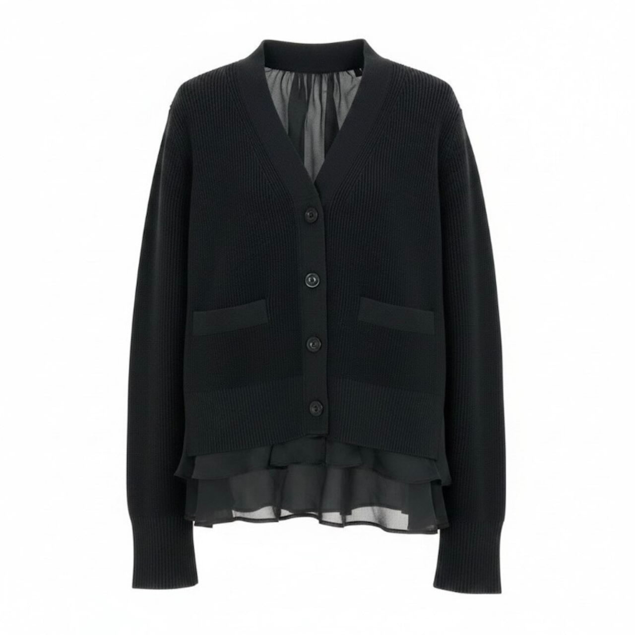 Sacai サカイ ニット サテン カーディガン ロングスリーブ ブラック コットン ポリエステル/ カーディガン A3-00223 【中古】