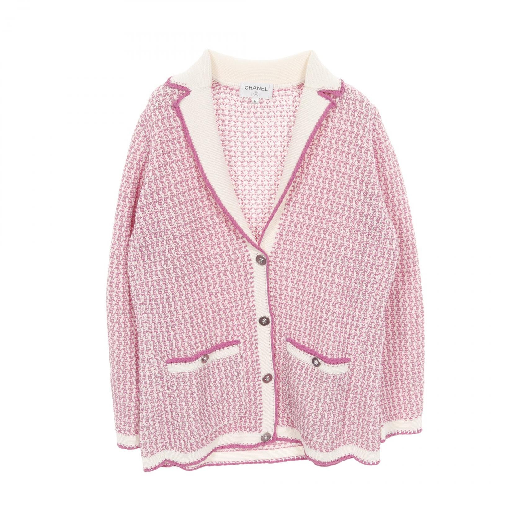 シャネル CHANEL ライオンボタン カーディガン 衣料品 トップス コットン レディース ピンク系 / ホワイト系 【中古】