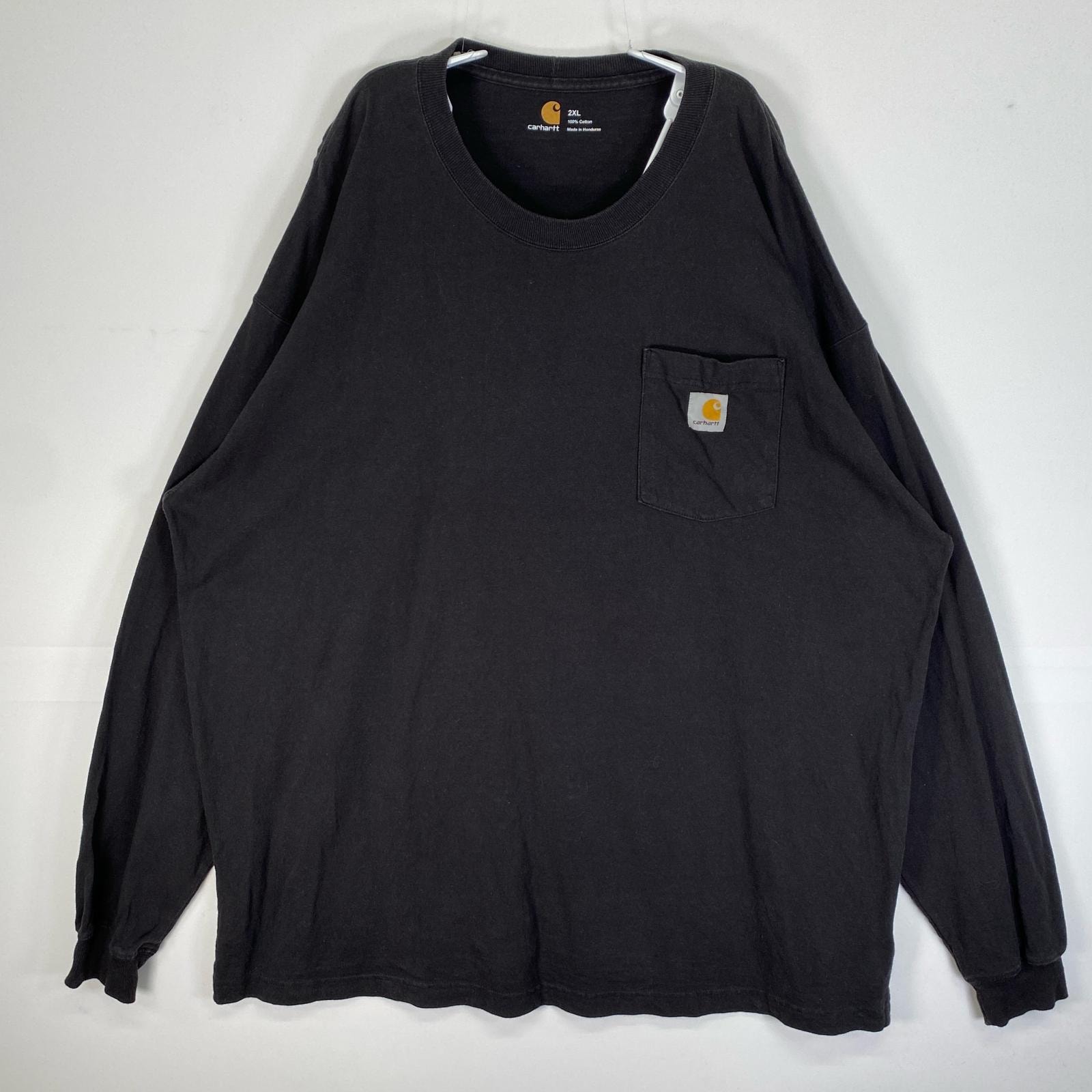 古着 カーハート Carhartt 長袖シャツ ワーク 肉厚 大きいサイズ ワンポイント ロゴ フェード 2XL  ブラック 無地 メンズ