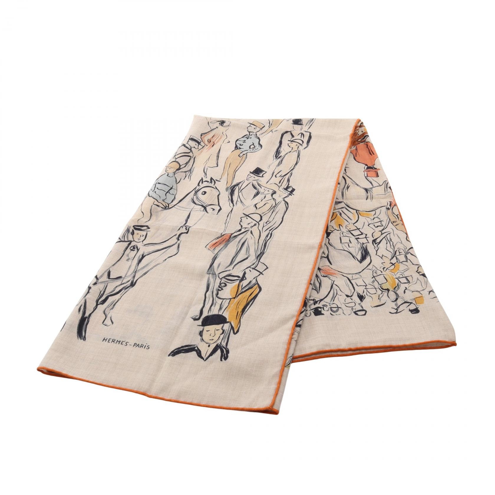 エルメス HERMES カレジェアン カレ140 Paddock スカーフ 衣料品 シルク カシミヤ シルク ベージュ レディース ベージュ系 / マルチカラー 【中古】