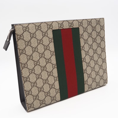 未使用 GUCCI グッチ シェリーライン GGスプリーム クラッチバッグ 475316 クラッチバッグ ベージュ ブラウン コーティングキャンバス レザー メンズ