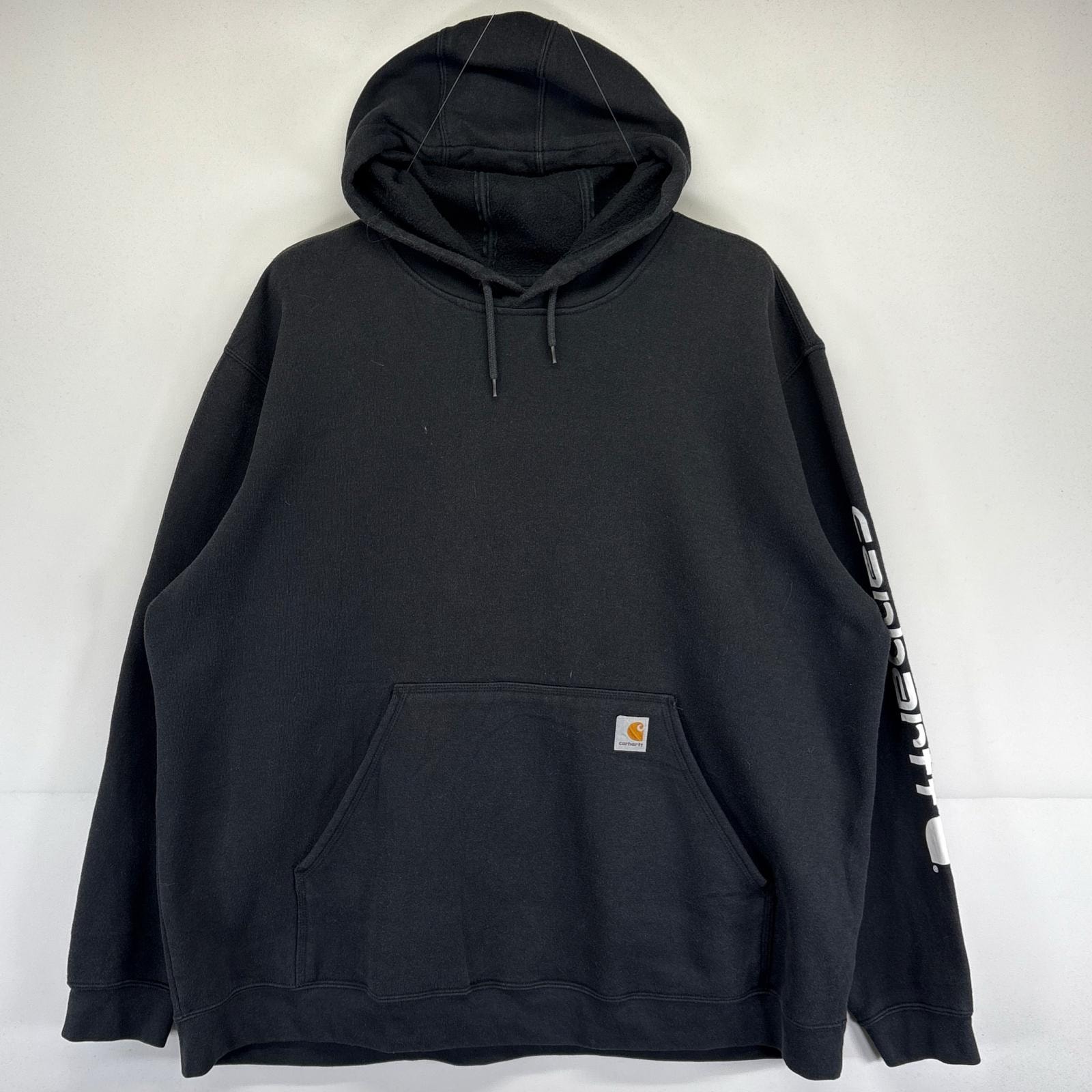古着 カーハート Carhartt パーカー 大きいサイズ 袖ロゴデザイン ワンポイントロゴ フーディー ワーク 3XL  ブラック メンズ