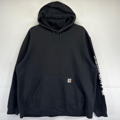 古着 カーハート Carhartt パーカー 大きいサイズ 袖ロゴデザイン ワンポイントロゴ フーディー ワーク 3XL ブラック メンズ