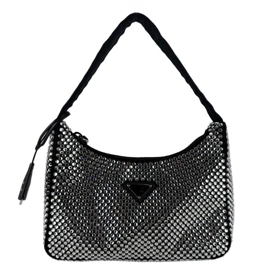 プラダ PRADA ハンドバッグ サテン/ラインストーン ブラック レディース 1BC515【中古】 z9273